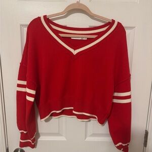 Altar'd State Red V-Neck Varsity Cropped Sweater with Cream Stripes